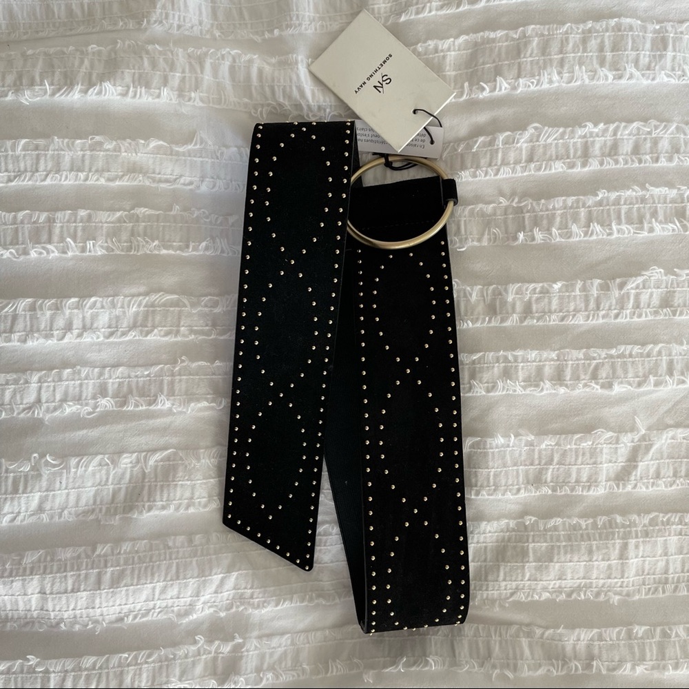 Something Navy Black Studded Suede Belt with Gold Ring